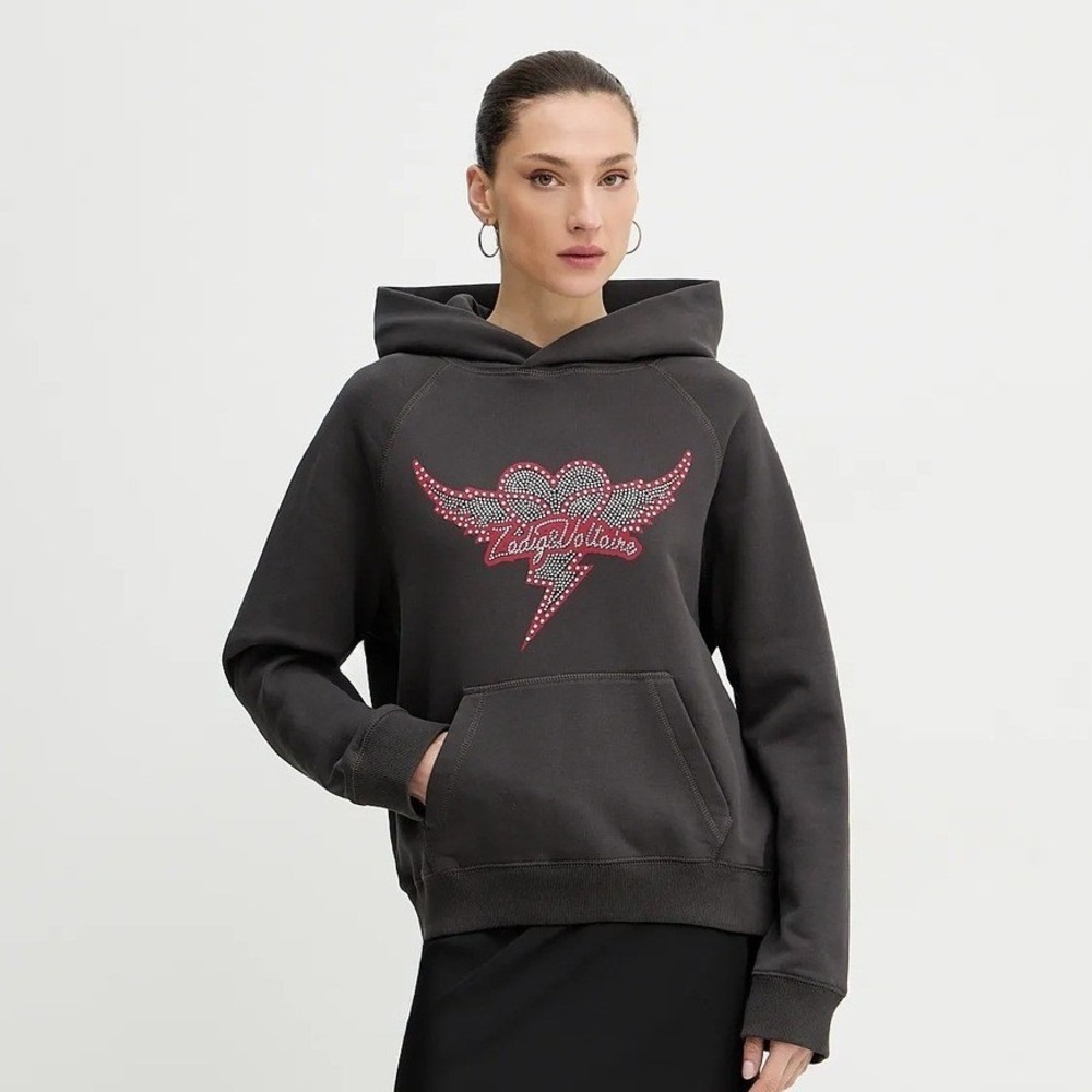 Zadig & Voltaire Georgy Mo Heart Wings Strass Hoodie Rhinestone Charcoal Size S